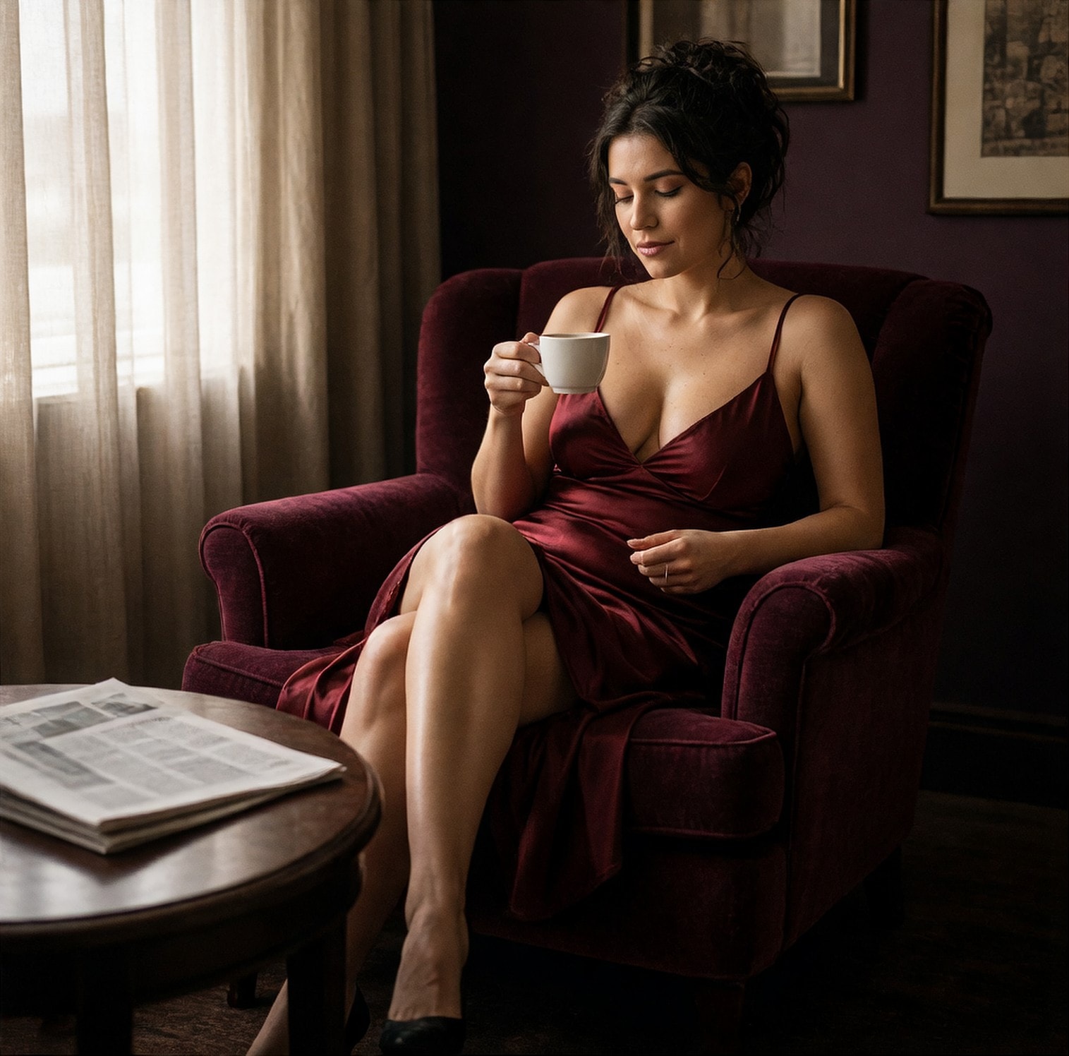 Escort with a coffee in a Cairns hotel suite