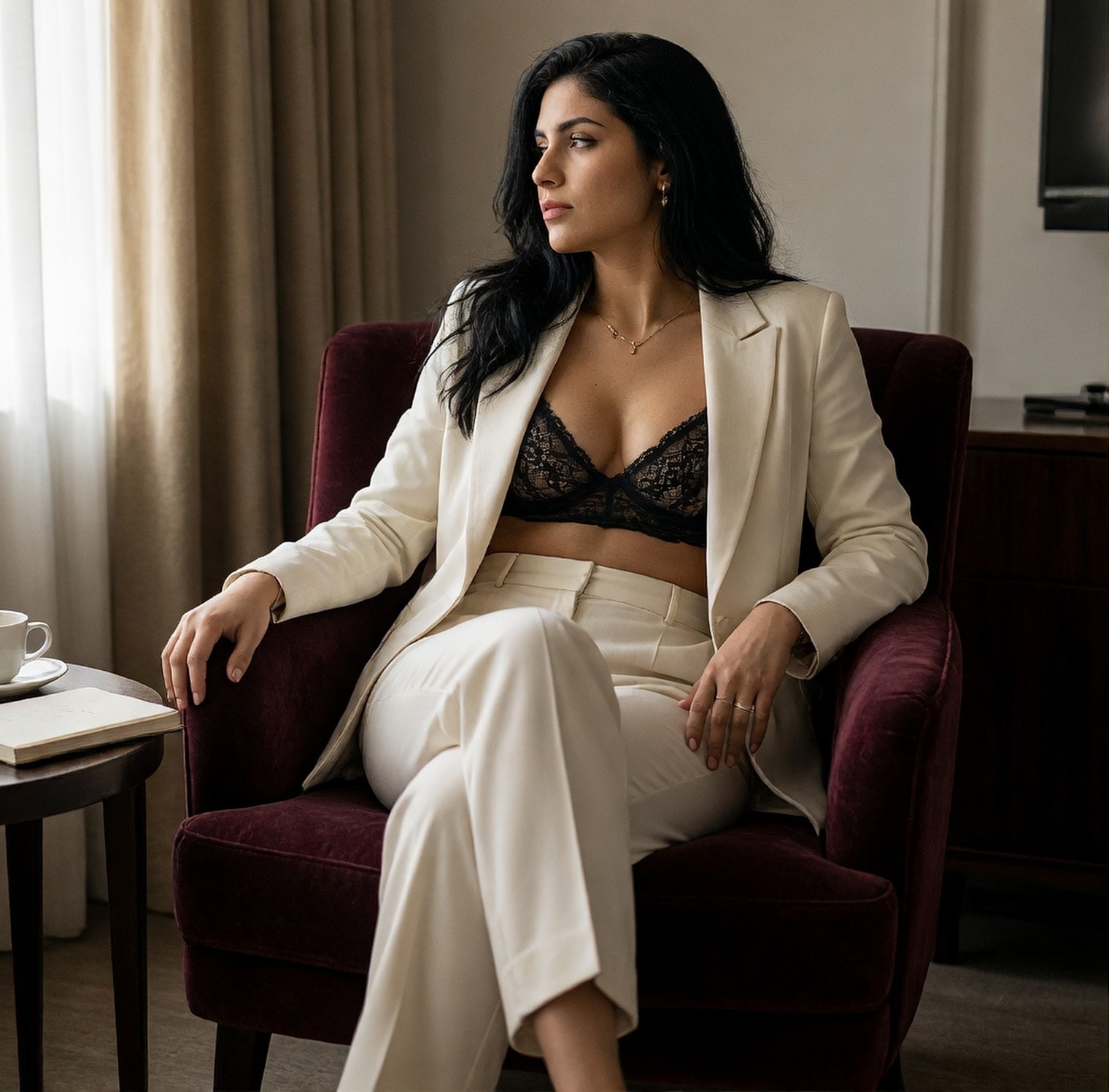 Escort in a white suit in a hotel suite in Cairns